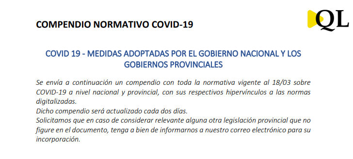 COVID 19 – MEDIDAS ADOPTADAS POR EL GOBIERNO NACIONAL Y LOS GOBIERNOS PROVINCIALES