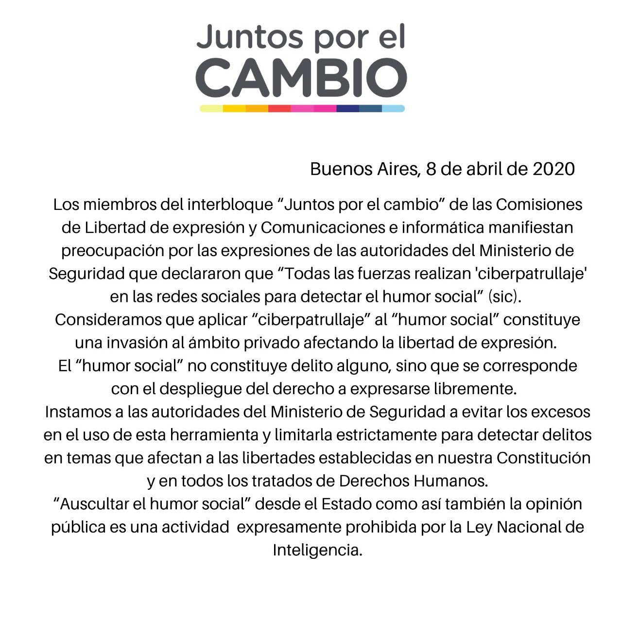 CIBERPATRULLAJE: JUNTOS POR EL CAMBIO PREOCUPACION POR LAS LIBERTADES INDIVIDUALES DE LOS ARGENTINOS
