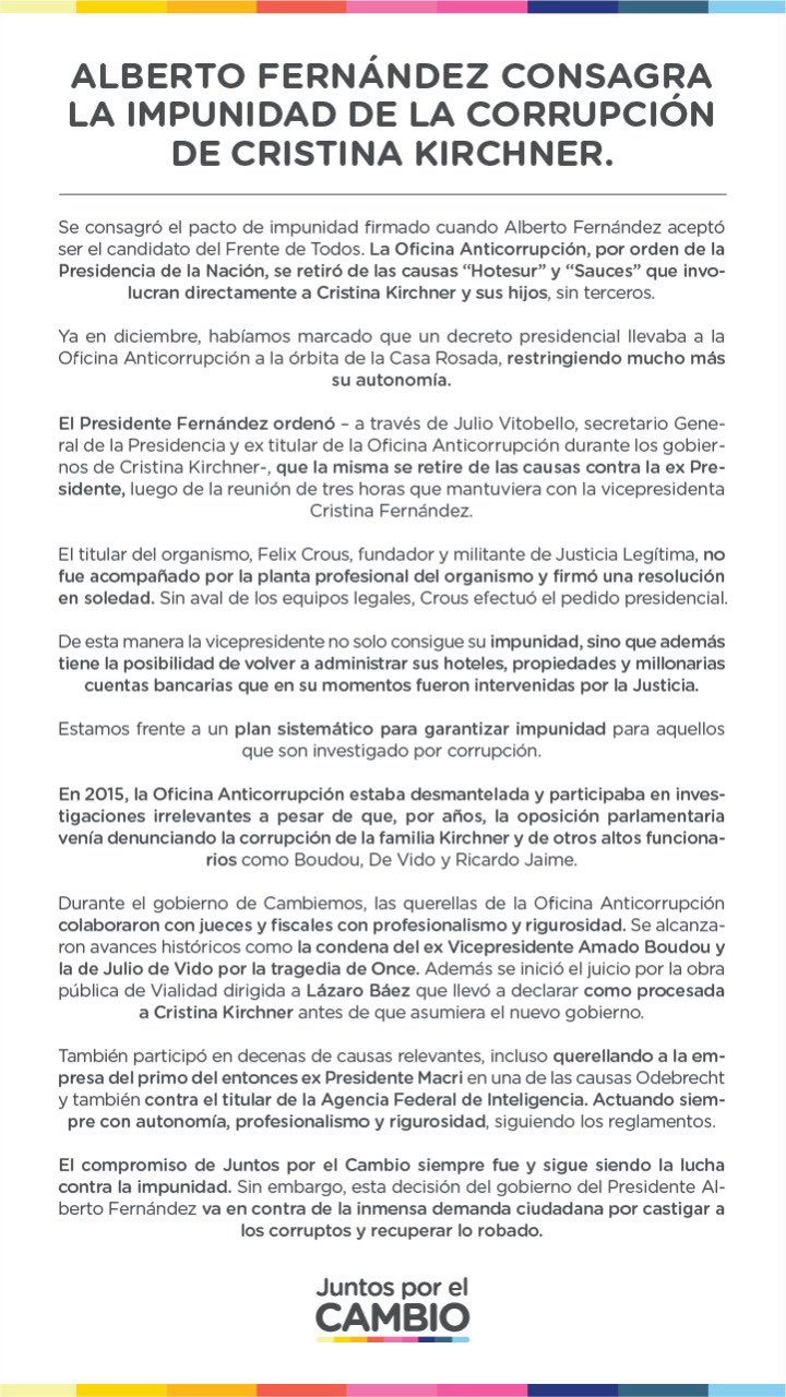 Y mientras vos estas en cuarentena, estos aprovechan y la Oficina Anticorrupción renuncia a ser querellante contra CFK