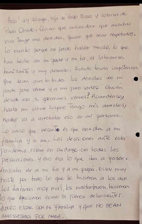 Carta de Solange Musse a los gobernantes insensibles que impidieron que pueda reunirse con su familia, antes de morir.