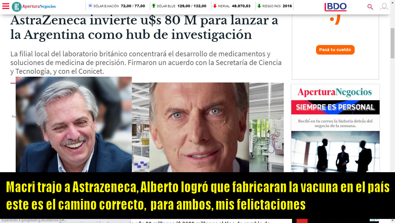 CUANDO LAS POLÍTICAS DE ESTADO SUPERAN LA GRIETA: UN CONVENIO  DE MACRI , HIZO QUE ALBERTO ANUNCIARA LA FABRICACIÓN DE LA VACUNA CONTRA EL COVID 19
