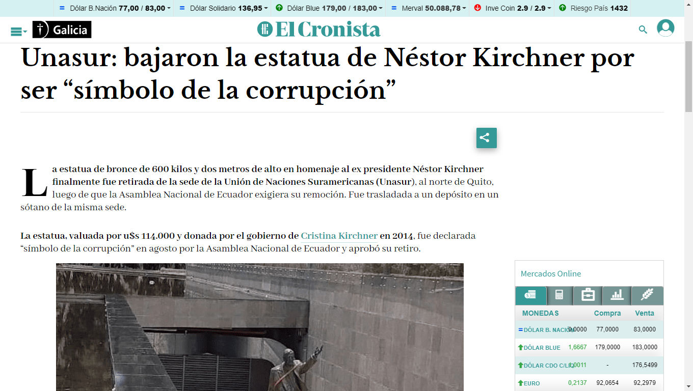 Emplazaran la estatua  de  Kirchner sacada de la UNASUR por ser símbolo de la corrupción