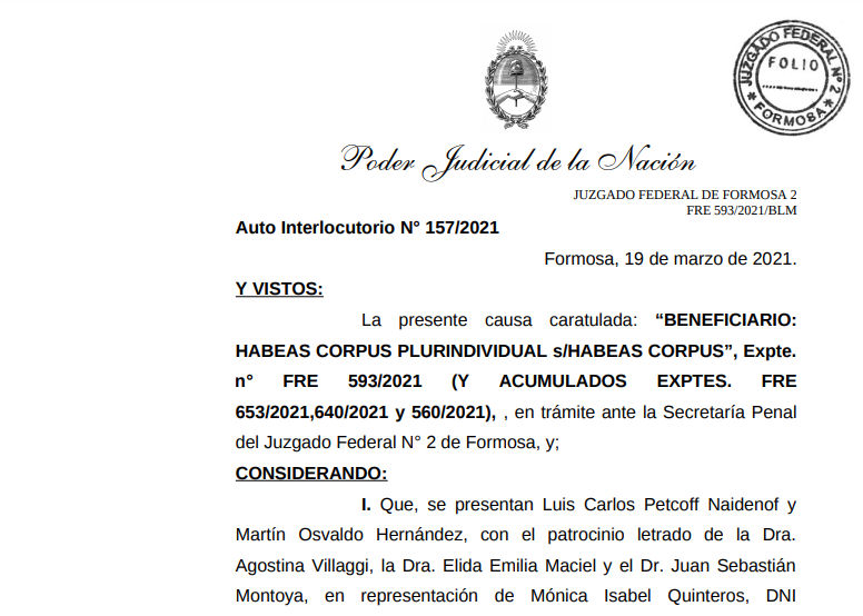 LA JUSTICIA FEDERAL DE FORMOSA  ORDENA AL GOBIERNO EL LIBRE TRANSITO EN 72 HS