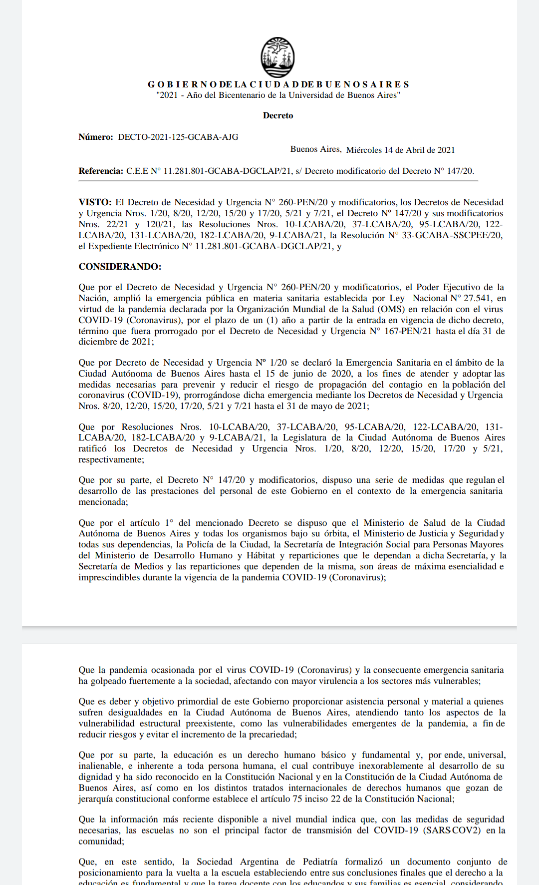 Larreta declararía hoy actividad esencial a la educación. ( Borrador del decreto)