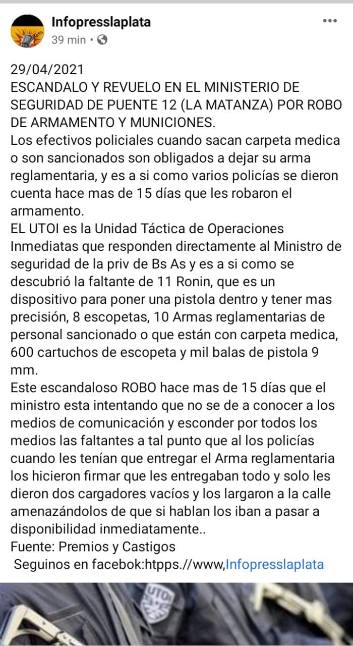 ESCANDALO POR EL ROBO DE ARMAS Y MUNICIONES DE LA BONAERENSE EN PUENTE 12
