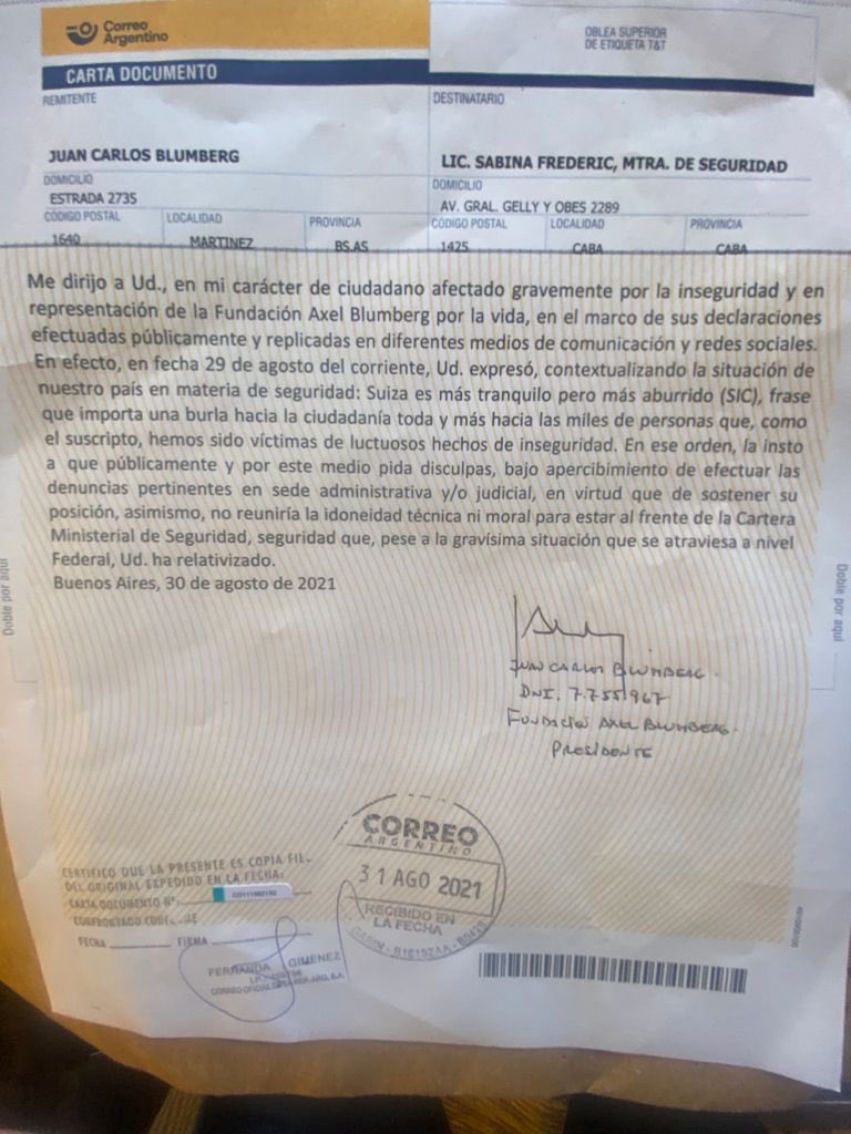 Carta Documento enviada a la Ministra de Seguridad Lic. Sabina Frederic.por el señor Juan Carlos Blumberg