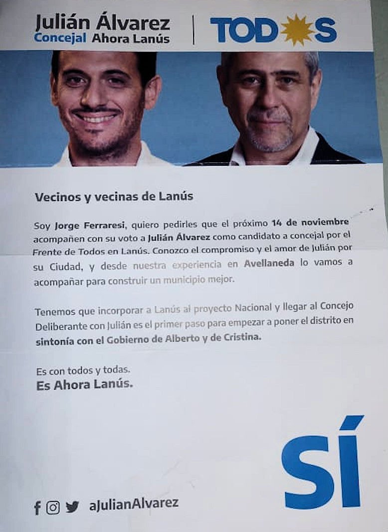 “Ferraresi y Julián Álvarez quieren integrar   Lanús a la Argentina k”