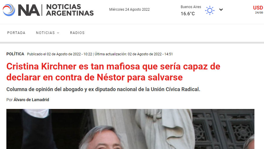 Ayer CFK reconoció un negociado  de Néstor y esto lo adelantó la Agencia NA el 8 de agosto