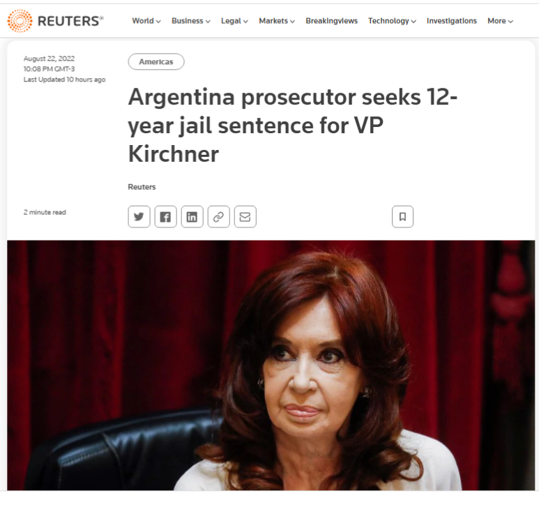 Fiscal de Argentina pide 12 años de cárcel para la vicepresidenta Kirchner