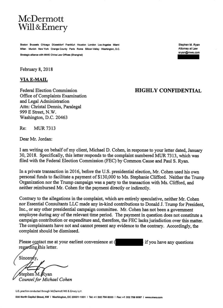 Documento que exonera a Trump: Michael Cohen a la FEC declara que usó sus propios fondos personales para pagar a Stormy Daniels