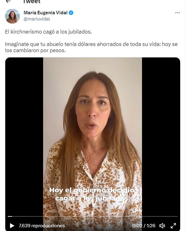María Eugenia Vidal ” EL KIRCHNERISMO CAGÓ A LOS JUBILADOS”  es literal