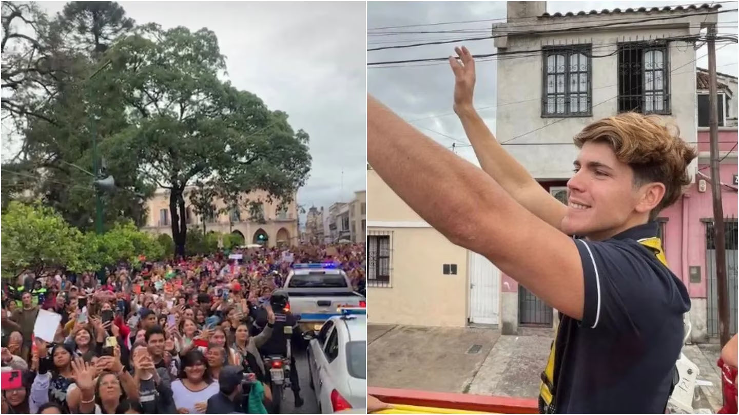 El ganador de “Gran Hermano” recorrió las calles de su ciudad natal en un camión de bomberos escoltado por patrulleros.