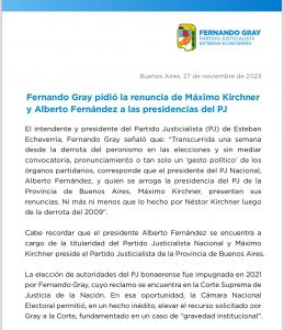 El PJ de Esteban Echeverria pide la renuncia al PJ de Máximo Kirchner y Alberto Fernández