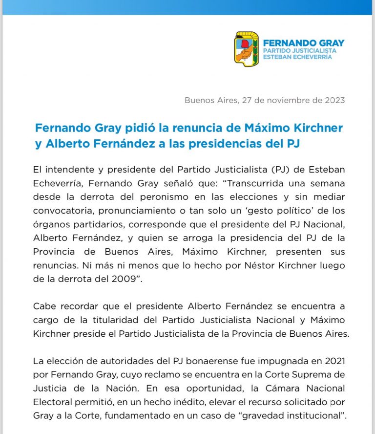 El PJ de Esteban Echeverria pide la renuncia al PJ de Máximo Kirchner y Alberto Fernández
