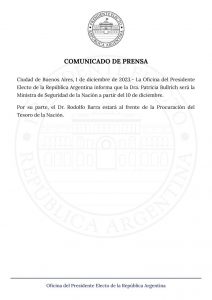 Es Oficial : Bullrich  ministra de Seguridad de Milei