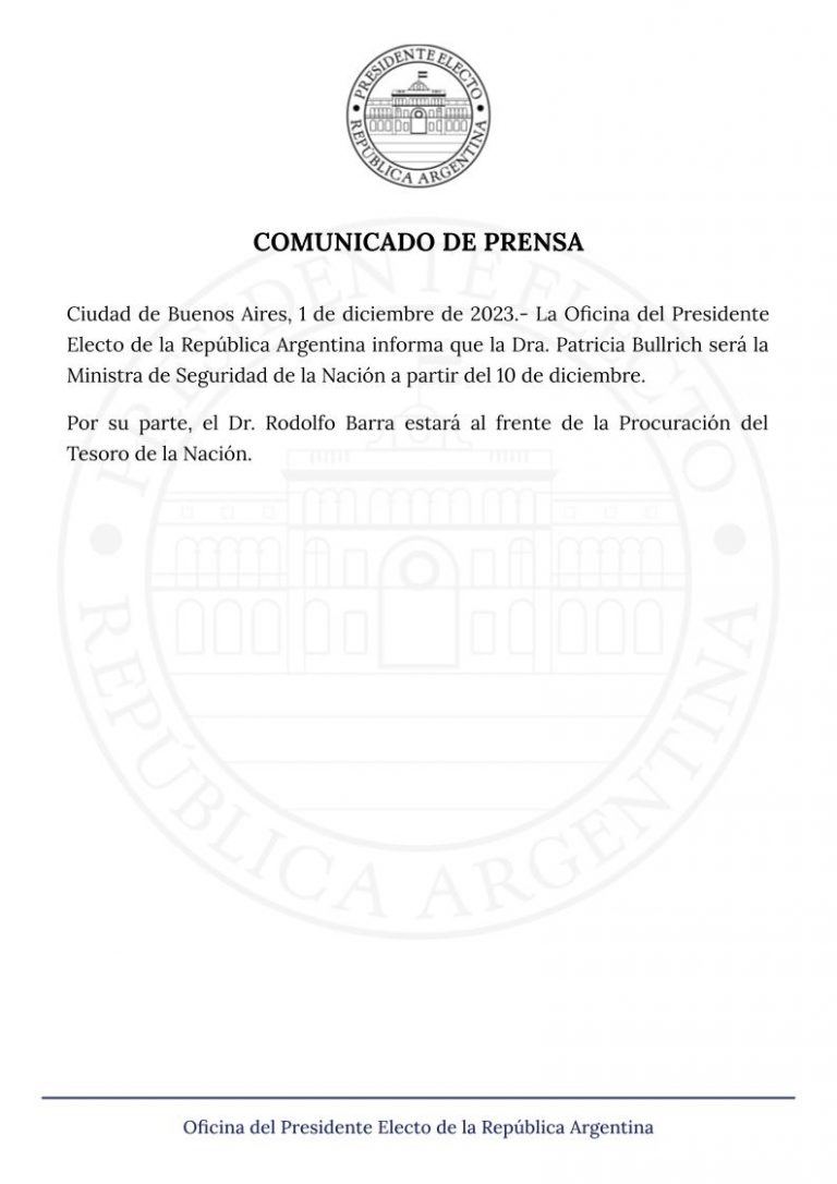 Es Oficial : Bullrich  ministra de Seguridad de Milei