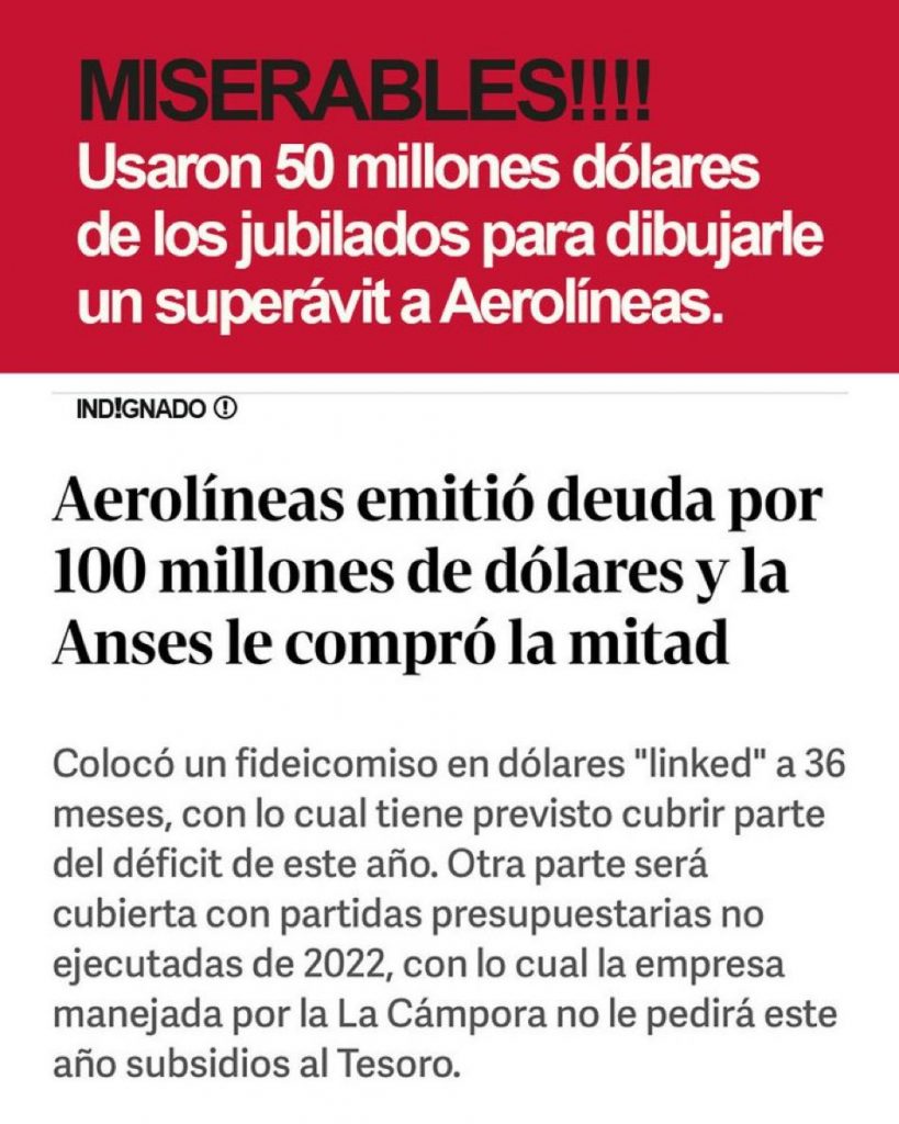 Infames: para que Aerolíneas le de saldo financiero positivo le vendieron bonos al Anses por 50 millones de dólares..